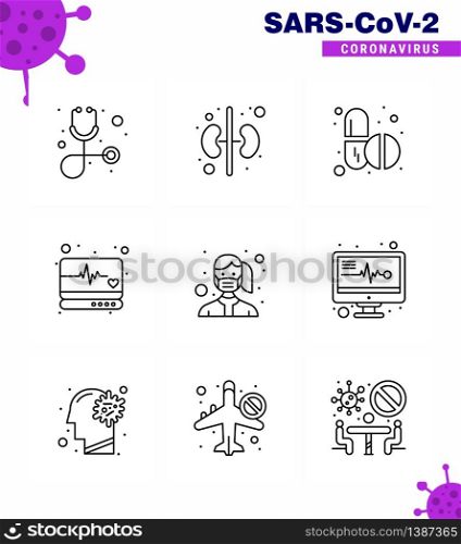 Corona virus 2019 and 2020 epidemic 9 Line icon pack such as safety, mask, tablets, face, supervision viral coronavirus 2019-nov disease Vector Design Elements