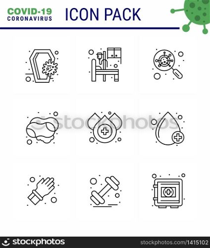Corona virus 2019 and 2020 epidemic 9 Line icon pack such as blood, soap, room, hand, magnifying viral coronavirus 2019-nov disease Vector Design Elements
