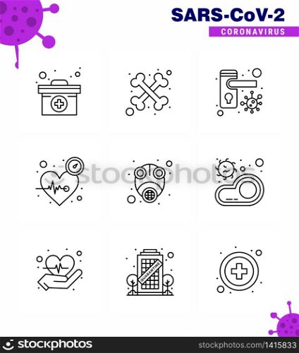 Corona virus 2019 and 2020 epidemic 9 Line icon pack such as gas, care, locked, time, heart viral coronavirus 2019-nov disease Vector Design Elements