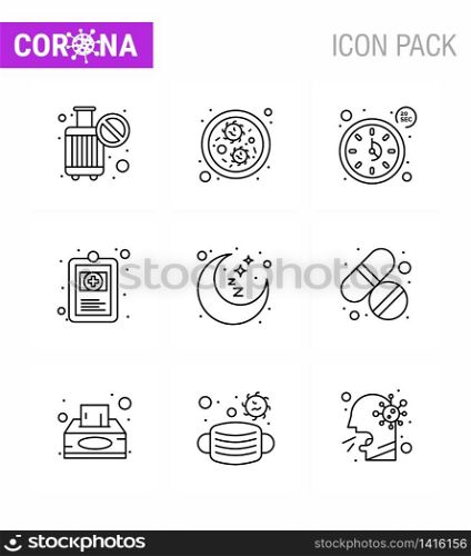 Corona virus 2019 and 2020 epidemic 9 Line icon pack such as sleep, moon, seconds, illness, health viral coronavirus 2019-nov disease Vector Design Elements