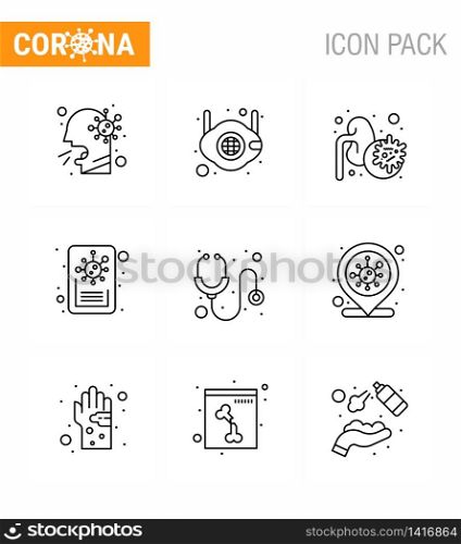 Corona virus 2019 and 2020 epidemic 9 Line icon pack such as healthcare, report, safety, news, lungs viral coronavirus 2019-nov disease Vector Design Elements