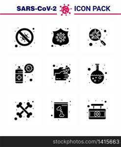 Corona virus 2019 and 2020 epidemic 9 Solid Glyph Black icon pack such as protection, spray, shield, cleaning, interfac viral coronavirus 2019-nov disease Vector Design Elements