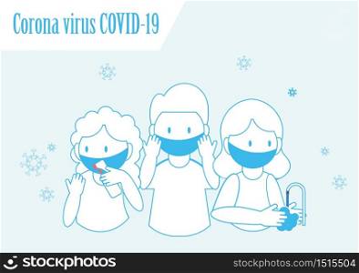Corona virus COVID-19 hygiene promotion with wearing a face mask, sanitizing with alcohol and washing your hands, cartoon character flat vector illustration.