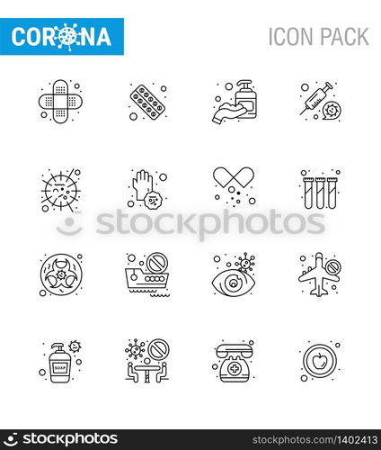 Corona virus disease 16 Line icon pack suck as flu, syring, tablet, medicine, sanitizer viral coronavirus 2019-nov disease Vector Design Elements