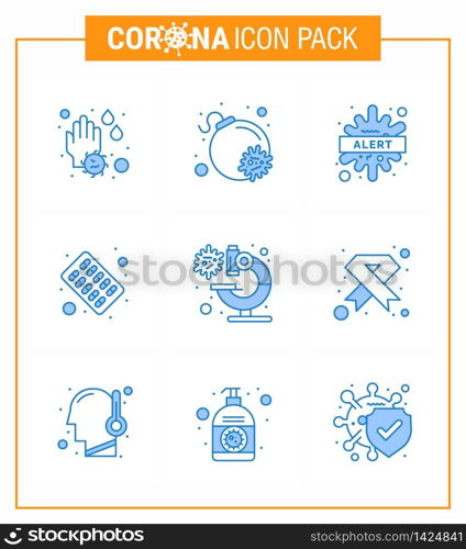 Corona virus disease 9 Blue icon pack suck as laboratory, medicine, warning, pills, capsule viral coronavirus 2019-nov disease Vector Design Elements