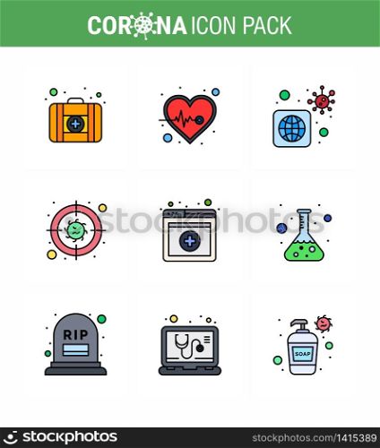Corona virus disease 9 Filled Line Flat Color icon pack suck as services, medical, bacteria, virus, bacteria viral coronavirus 2019-nov disease Vector Design Elements