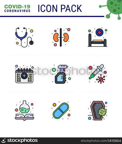 Corona virus disease 9 Filled Line Flat Color icon pack suck as bottle, solid, patient, cleaning, medical viral coronavirus 2019-nov disease Vector Design Elements