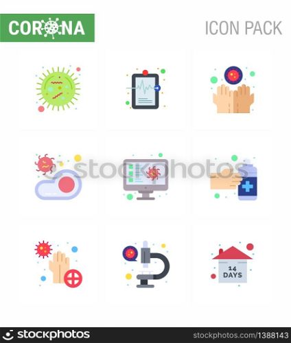 Corona virus disease 9 Flat Color icon pack suck as virus, meat, medical record, food, infect viral coronavirus 2019-nov disease Vector Design Elements
