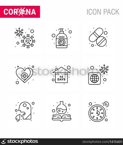 Corona virus disease 9 Line icon pack suck as risk, medical, hand sanitizer, love, care viral coronavirus 2019-nov disease Vector Design Elements