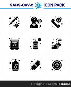 Corona virus disease 9 Solid Glyph Black icon pack suck as securitybox, protection, virus infection, medical, care viral coronavirus 2019-nov disease Vector Design Elements