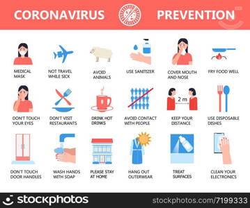 Corona-virus info-graphics vector. Infected girl illustration. Prevention of CoV-2019, risk group, symptoms are shown. Icons of fever, chill, sinusitis, headache are shown.. Corona-virus info-graphics vector. Infected girl illustration. Prevention, risk group, symptoms are shown. Icons of fever, chill, sinusitis, headache are shown.