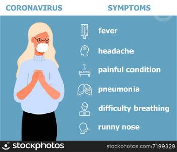 Corona-virus info-graphics vector. Infected young girl with medical mask. Covid-2019 symptoms are shown. Icons of fever, headache, runny nose, pneumonia are shown. Healthcare illustration for poster.. Corona-virus info-graphics vector. Infected young girl with medical mask. Covid-2019 symptoms are shown. Icons of fever, headache, runny nose, pneumonia are shown.