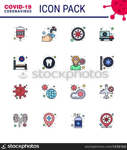 corona virus prevention. covid19 tips to avoid injury 16 Flat Color Filled Line icon for presentation bed, hospital, bubble, car, blood viral coronavirus 2019-nov disease Vector Design Elements