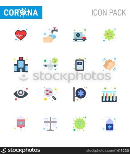 corona virus prevention. covid19 tips to avoid injury 16 Flat Color icon for presentation building, patogen, bubble, particle, transport viral coronavirus 2019-nov disease Vector Design Elements