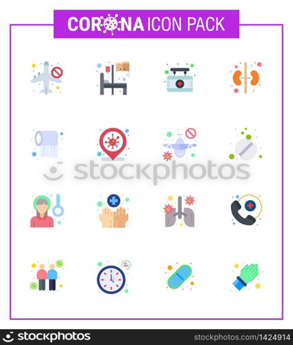 corona virus prevention. covid19 tips to avoid injury 16 Flat Color icon for presentation roll, organ, room, kidney, sign viral coronavirus 2019-nov disease Vector Design Elements