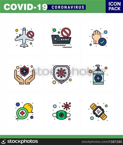 corona virus prevention. covid19 tips to avoid injury 9 Filled Line Flat Color icon for presentation safety, shield, travel, protect, cleaned viral coronavirus 2019-nov disease Vector Design Elements