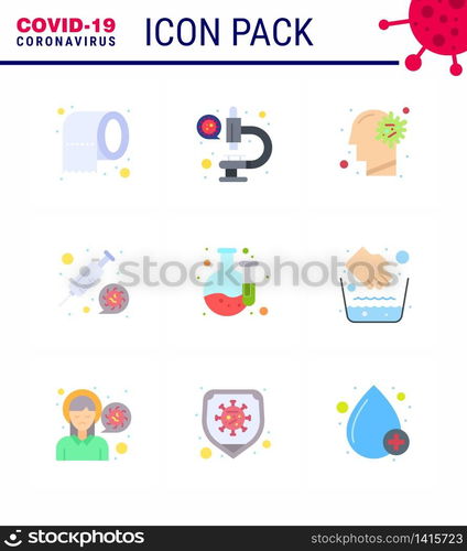 corona virus prevention. covid19 tips to avoid injury 9 Flat Color icon for presentation chemical, syring, cold, medicine, brain viral coronavirus 2019-nov disease Vector Design Elements