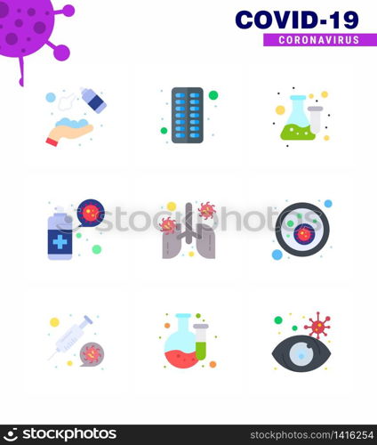 corona virus prevention. covid19 tips to avoid injury 9 Flat Color icon for presentation protection, spray, pill, cleaning, laboratory viral coronavirus 2019-nov disease Vector Design Elements