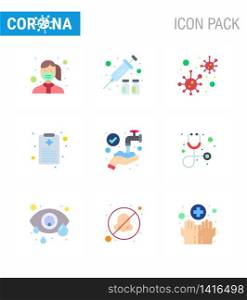 corona virus prevention. covid19 tips to avoid injury 9 Flat Color icon for presentation protect, patient chart, medicine, health chart, infection viral coronavirus 2019-nov disease Vector Design Elements