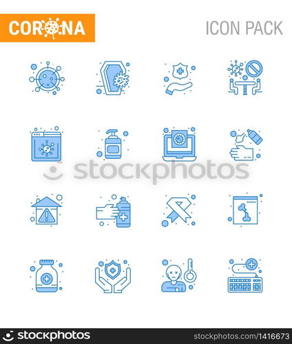 CORONAVIRUS 16 Blue Icon set on the theme of Corona epidemic contains icons such as browser, meeting, infection, conference, washing viral coronavirus 2019-nov disease Vector Design Elements