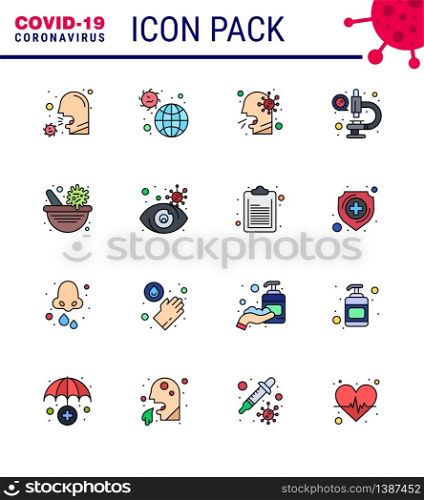 CORONAVIRUS 16 Flat Color Filled Line Icon set on the theme of Corona epidemic contains icons such as laboratory, sick, infection, people, healthcare viral coronavirus 2019-nov disease Vector Design Elements