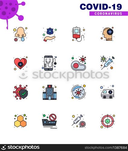 CORONAVIRUS 16 Flat Color Filled Line Icon set on the theme of Corona epidemic contains icons such as care, love, transfusion, heart, medical viral coronavirus 2019-nov disease Vector Design Elements