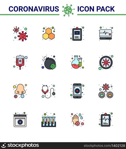 CORONAVIRUS 16 Flat Color Filled Line Icon set on the theme of Corona epidemic contains icons such as bottle, medical monitor, clinical record, supervision, emergency viral coronavirus 2019-nov disease Vector Design Elements