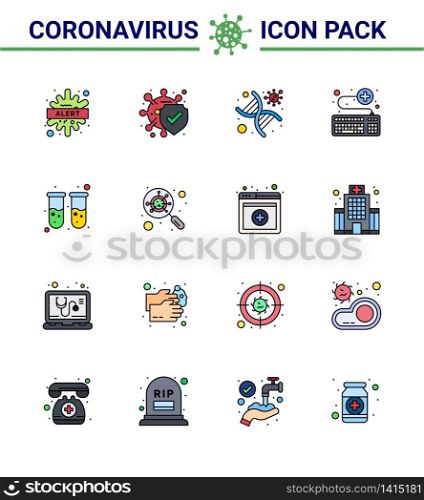 CORONAVIRUS 16 Flat Color Filled Line Icon set on the theme of Corona epidemic contains icons such as medical, keyboard, safe, attach, strand viral coronavirus 2019-nov disease Vector Design Elements