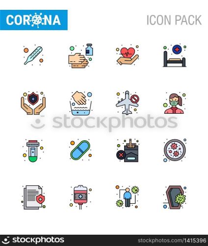 CORONAVIRUS 16 Flat Color Filled Line Icon set on the theme of Corona epidemic contains icons such as shield, medical, care, care, hospital viral coronavirus 2019-nov disease Vector Design Elements
