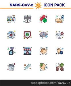 CORONAVIRUS 16 Flat Color Filled Line Icon set on the theme of Corona epidemic contains icons such as sanitizer, soap, tubes, hand, care viral coronavirus 2019-nov disease Vector Design Elements