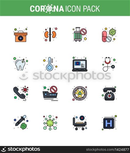 CORONAVIRUS 16 Flat Color Filled Line Icon set on the theme of Corona epidemic contains icons such as care, pill, cancel, medical, antivirus viral coronavirus 2019-nov disease Vector Design Elements