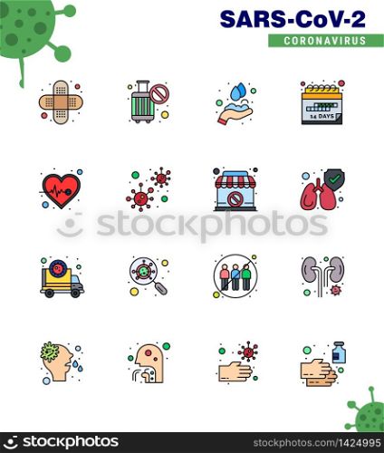 CORONAVIRUS 16 Flat Color Filled Line Icon set on the theme of Corona epidemic contains icons such as pulse, beat, hands, schedule, event viral coronavirus 2019-nov disease Vector Design Elements