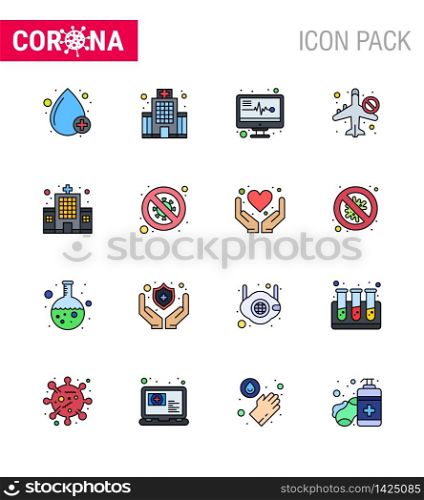 CORONAVIRUS 16 Flat Color Filled Line Icon set on the theme of Corona epidemic contains icons such as building, airoplan, medical electronics, not allow, travel viral coronavirus 2019-nov disease Vector Design Elements