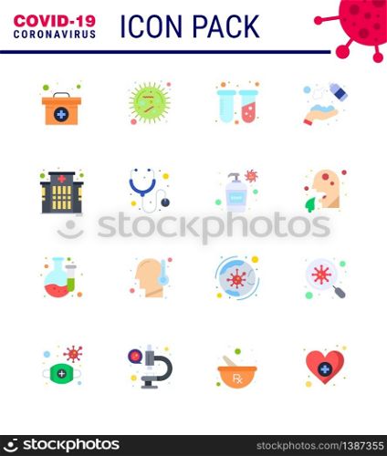 CORONAVIRUS 16 Flat Color Icon set on the theme of Corona epidemic contains icons such as washing, hands spray, virus, clean, lab viral coronavirus 2019-nov disease Vector Design Elements
