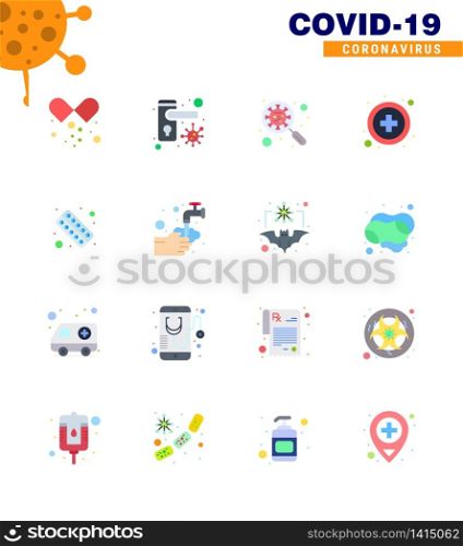 CORONAVIRUS 16 Flat Color Icon set on the theme of Corona epidemic contains icons such as drugs, medical, scan virus, healthcare, magnifying viral coronavirus 2019-nov disease Vector Design Elements