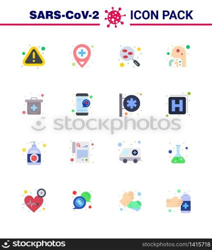CORONAVIRUS 16 Flat Color Icon set on the theme of Corona epidemic contains icons such as emergency, people, lab, man, cough viral coronavirus 2019-nov disease Vector Design Elements