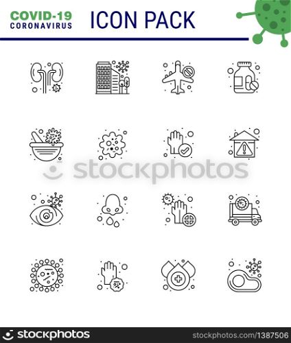 CORONAVIRUS 16 Line Icon set on the theme of Corona epidemic contains icons such as pills, drugs, safety, airoplan, banned viral coronavirus 2019-nov disease Vector Design Elements