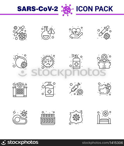 CORONAVIRUS 16 Line Icon set on the theme of Corona epidemic contains icons such as bomb, virus, virus, pipette, dropper viral coronavirus 2019-nov disease Vector Design Elements