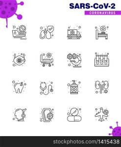 CORONAVIRUS 16 Line Icon set on the theme of Corona epidemic contains icons such as safety, mask, car, face, hospital bed viral coronavirus 2019-nov disease Vector Design Elements