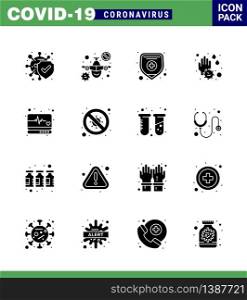 CORONAVIRUS 16 Solid Glyph Black Icon set on the theme of Corona epidemic contains icons such as supervision, emergency, health insurance, water drop, soap viral coronavirus 2019-nov disease Vector Design Elements