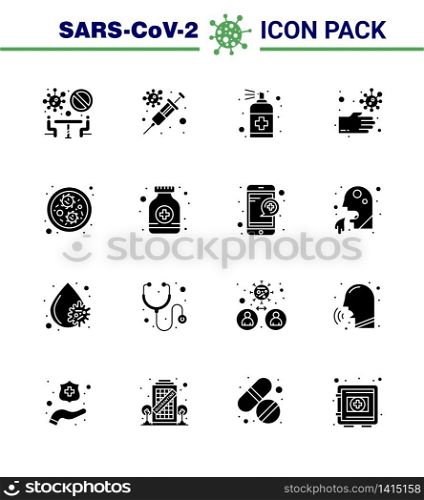 CORONAVIRUS 16 Solid Glyph Black Icon set on the theme of Corona epidemic contains icons such as bacteria, hands, spray, dirty, soap viral coronavirus 2019-nov disease Vector Design Elements