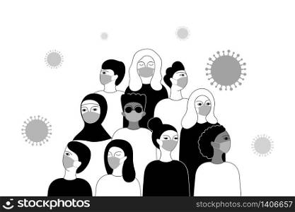 Coronavirus (2019-nCoV) banner concept isolated on a white background. Multicultural group of people in medical face masks.