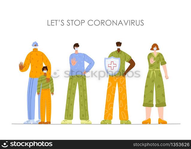 Coronavirus 2019-nCoV concept. People wearing face mask - men, woman, child. Protection, prevention novel coronavirus 2019-nCoV. Group of people in breathing mask, man with shield. Vector illustration. Novel coronavirus flat people