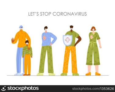Coronavirus 2019-nCoV concept. People wearing face mask - men, woman, child. Protection, prevention novel coronavirus 2019-nCoV. Group of people in breathing mask, man with shield. Vector illustration. Novel coronavirus flat people