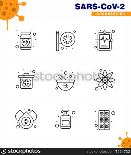 Coronavirus 2019-nCoV (Covid-19) Prevention icon set bowl, kit, medical center, emergency, illness viral coronavirus 2019-nov disease Vector Design Elements