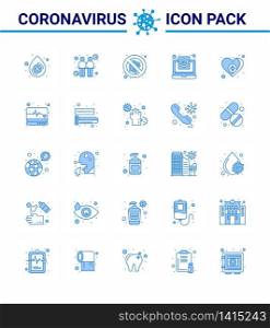 CORONAVIRUS 25 Blue Icon set on the theme of Corona epidemic contains icons such as heart, report, protection, medical, coronavirus viral coronavirus 2019-nov disease Vector Design Elements