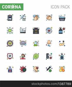 CORONAVIRUS 25 Flat Color Filled Line Icon set on the theme of Corona epidemic contains icons such as basin, dry, healthcare, washing, hands viral coronavirus 2019-nov disease Vector Design Elements