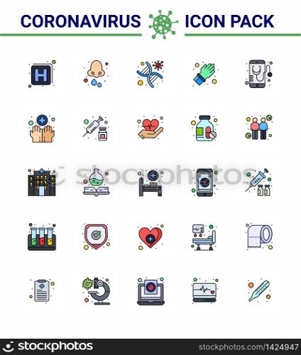 CORONAVIRUS 25 Flat Color Filled Line Icon set on the theme of Corona epidemic contains icons such as health, protect, dna, hand, virus viral coronavirus 2019-nov disease Vector Design Elements