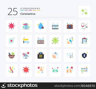 Coronavirus 25 Flat Color icon pack including medical. emergency. blood. tubes. lab test