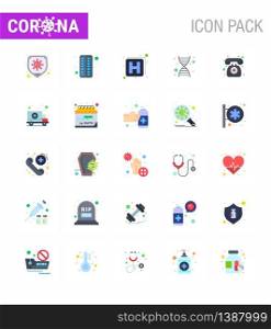 CORONAVIRUS 25 Flat Color Icon set on the theme of Corona epidemic contains icons such as emergency, medical assistance, hospital, doctor on call, genetics viral coronavirus 2019-nov disease Vector Design Elements